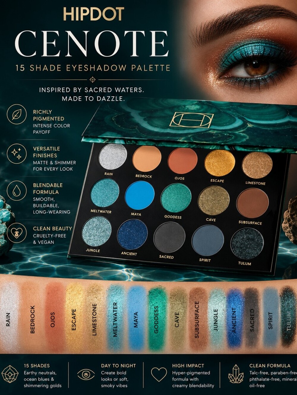 HIPDOT Cenote Eyeshadow Palette – 15 Shades | Matte & Shimmer